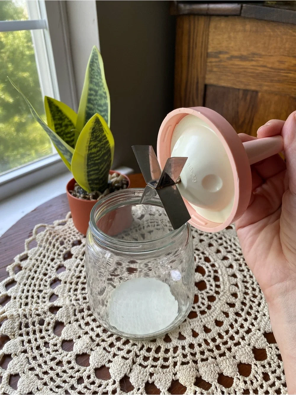 Vintage Pink Glass Hand Grinder and Jar EUC